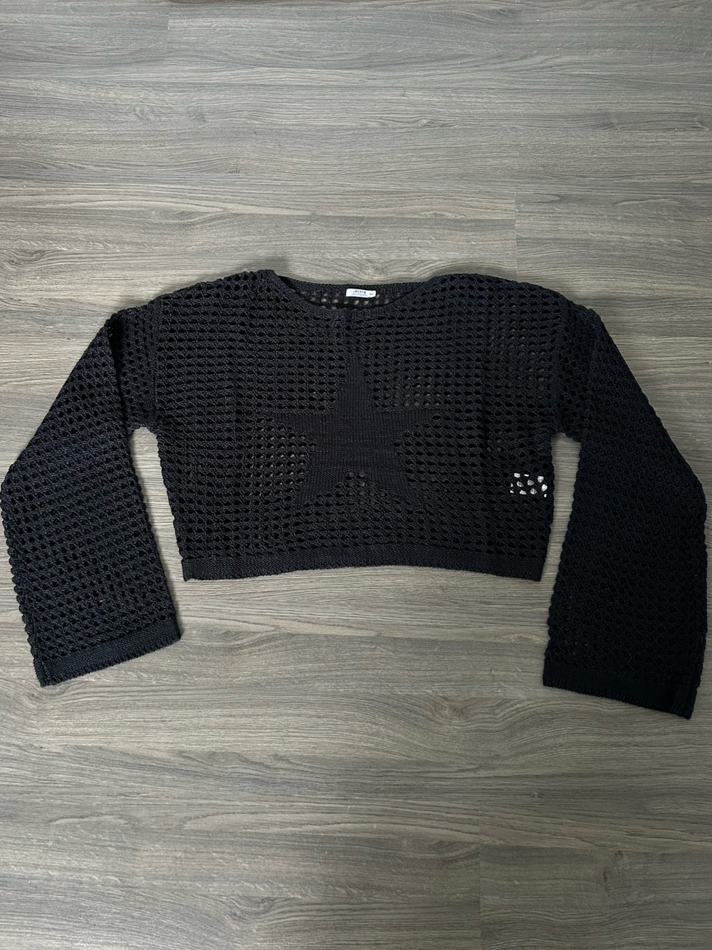 Ardene Black Open-Knit Wide Knit Cropped Sweater with Star Motif Chunky Knit